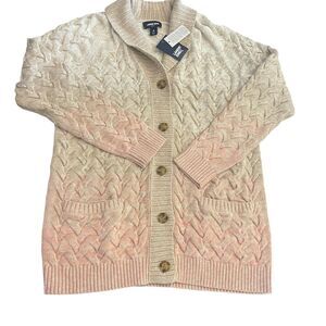 Lands’ End Ombre Cable Knit Cardigan M Pink Dip Dye Coastal Grandma Cottagecore